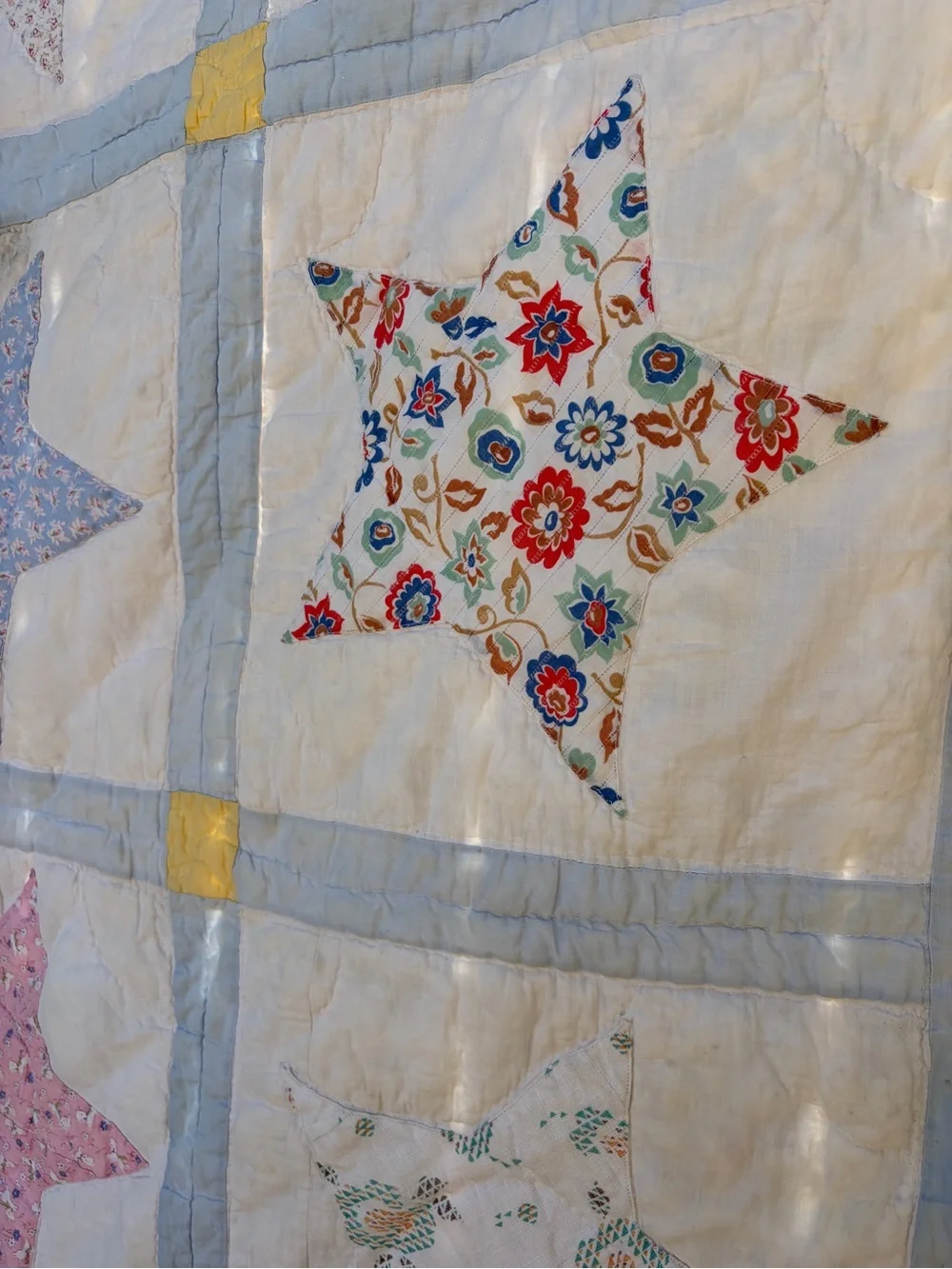 Antique Handmade Patchwork Star Quilt in Blue, Pink, & Yellow-62x78”